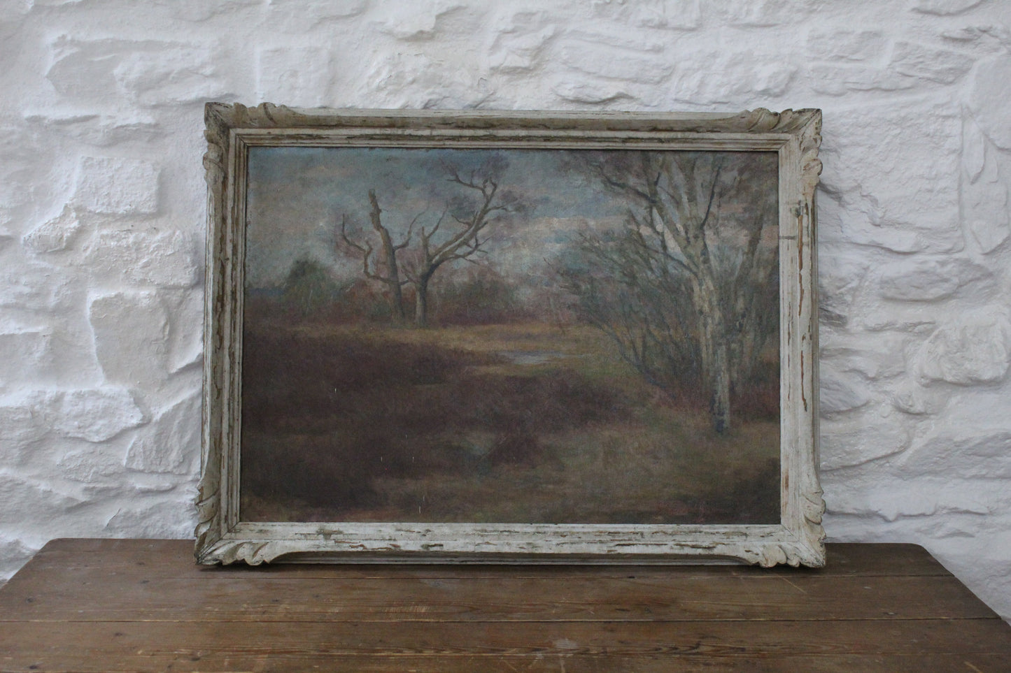 French Painting with a Lovely Stressed Frame of a Countrywide Scene